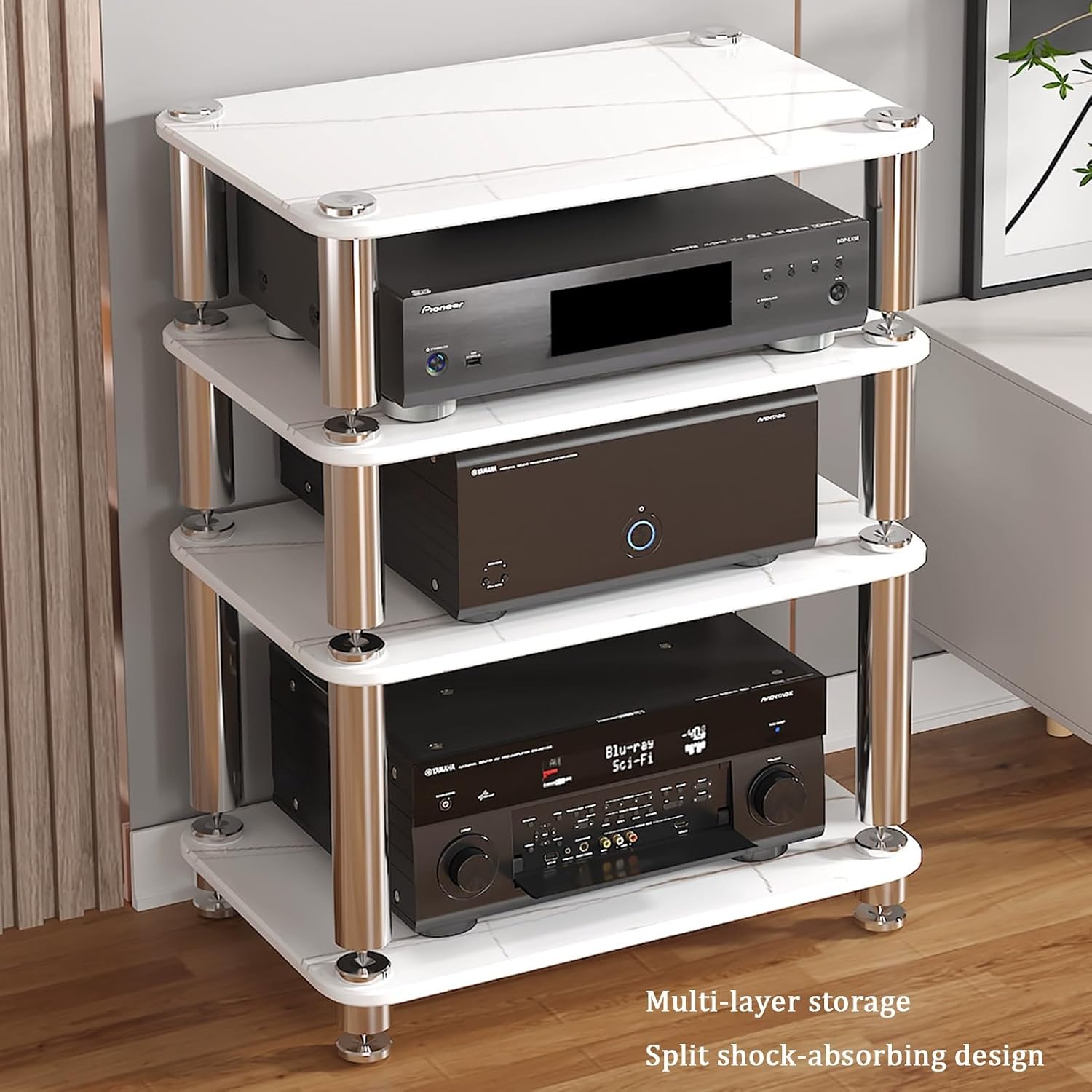 Modern AV Media Rack, 3-Tier Stereo Cabinet with Shock-Absorbing Nails, Tempered Glass Shelves, Stainless Steel Legs, Black Media Storage Stand (60x40x57cm)