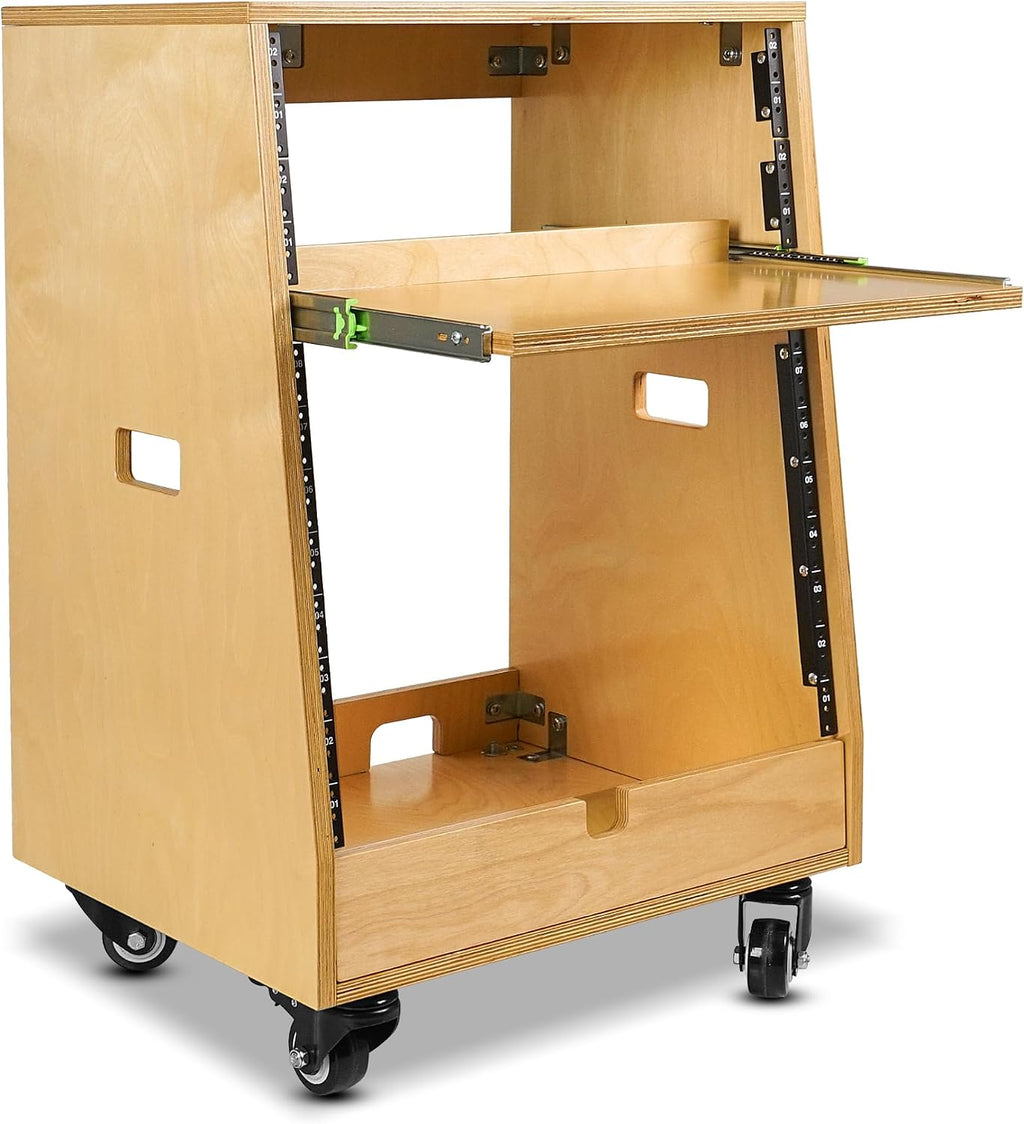 Sound Town DIY Slanted 12U Studio Rack (4U Top + 8U Lower), with 2U Bottom Storage, Slide-Out Tray, Caster, Plywood, Golden Oak for Recording Room, Home Studio (SDRK-ST12T)
