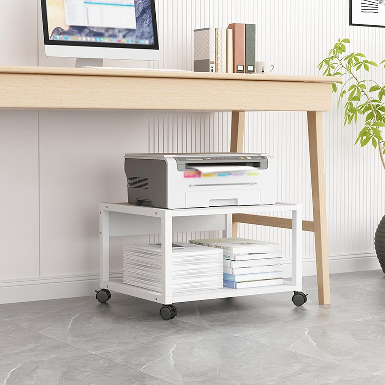 Printer Stand 2 Tiers Rolling Printer Stand Under Desk Printer Stand Office Movable Printer Desk with 4 Wheels & Lock Mechanism for Mini 3D Printer, White Printer Holder