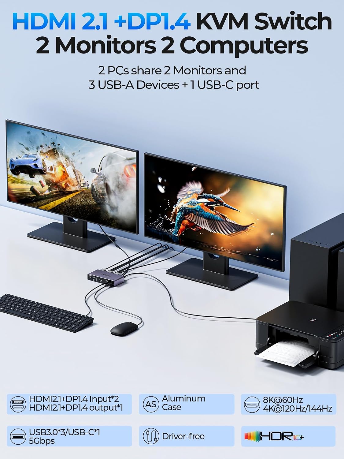 HDMI2.1+DP1.4 KVM Switch 8K60Hz 4K120Hz, 2 Monitors 2 Conputers, Share Mouse and Keyboard, U-Disk, Printer, 3 USB3.0 Ports 1 USB-C/Type-c Port 5Gbps