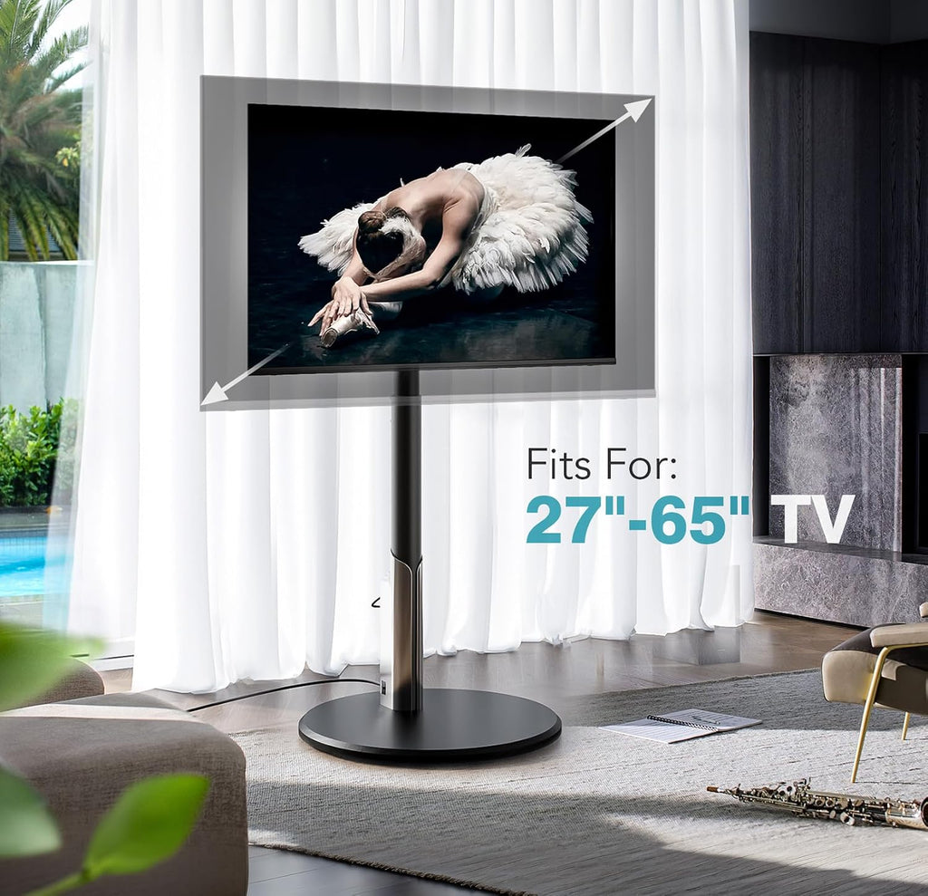 Floor Mobile TV Stand with Power Outlet, Rolling TV Cart for 27-65 Inch OLED LED Monitors, 6 Levels of Height Adjustment, Ambient Lighting on The Bottom Wheels Holds up to 88lbs, 400x400mm