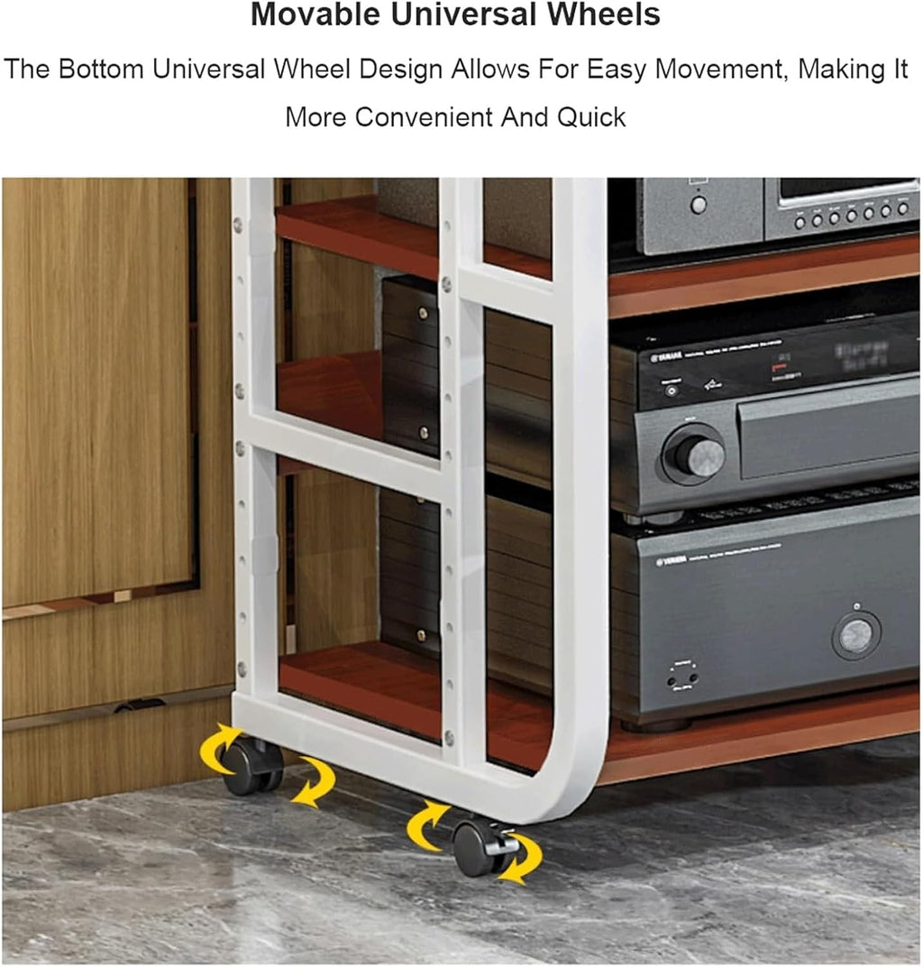 Audio Rack with Wheels Stereo Rack Audio Equipment Rack Audio Movable Stereo Shelf Wooden Open Adjustable Audio-Video Shelving(Wei�,4 Tier)