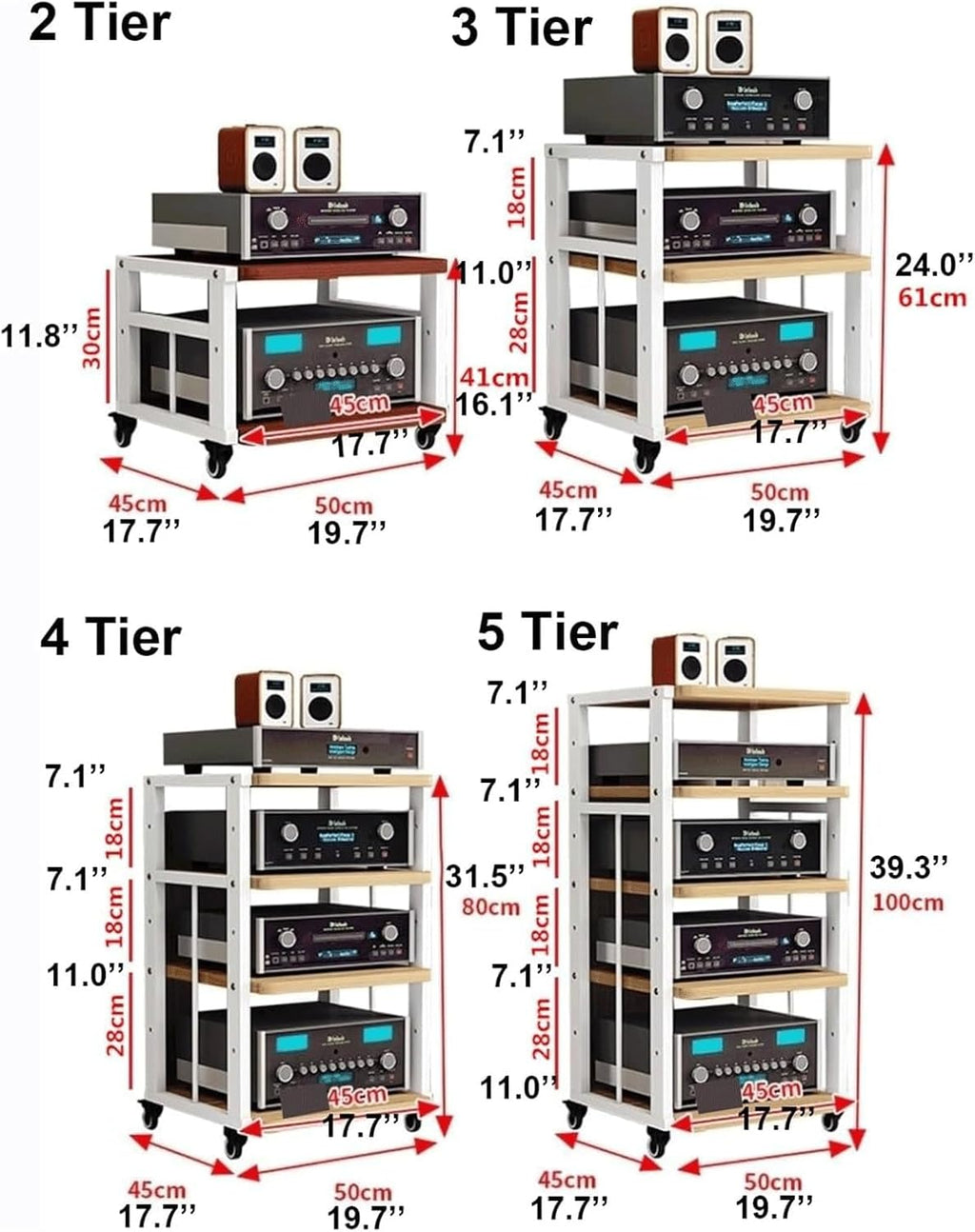 Audio Rack Movable Stereo Rack Audio Equipment Rack Audio Open Stereo Shelf with Wheels HiFi Rack Adjustable Audio-Video Shelving(Natural,2 Tier)
