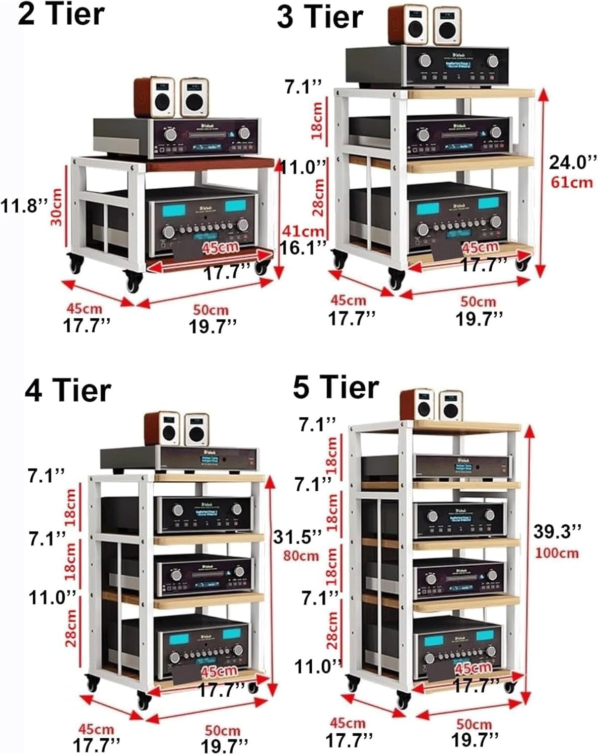 Audio Rack Movable Stereo Rack Audio Equipment Rack Audio Open Stereo Shelf with Wheels HiFi Rack Adjustable Audio-Video Shelving(Natural,3 Tier)