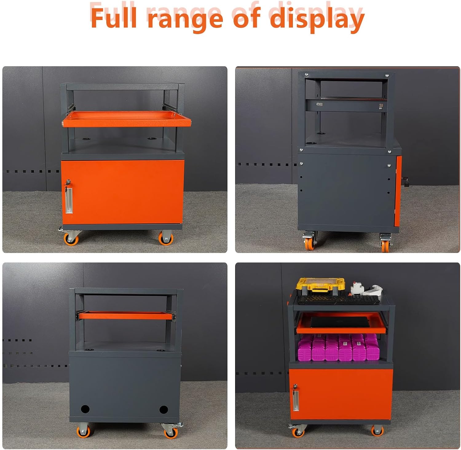 Steel Large AV Cart with Extra Storage Cabinet, Metal Presentation Cart with Keyboard Tray, Rolling Media Cart with Wheels for Computer Laptop Projector Printer