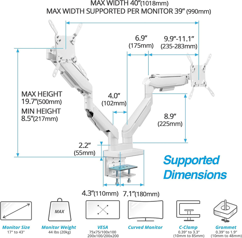 AVLT RGB Lights Dual 17'-43' Gaming Monitor Arm Desk Mount, Fits Two Flat/Curved/Ultrawide Screen up to 44lbs(20kg), Height Swivel Tilt Adjustable Stand – White