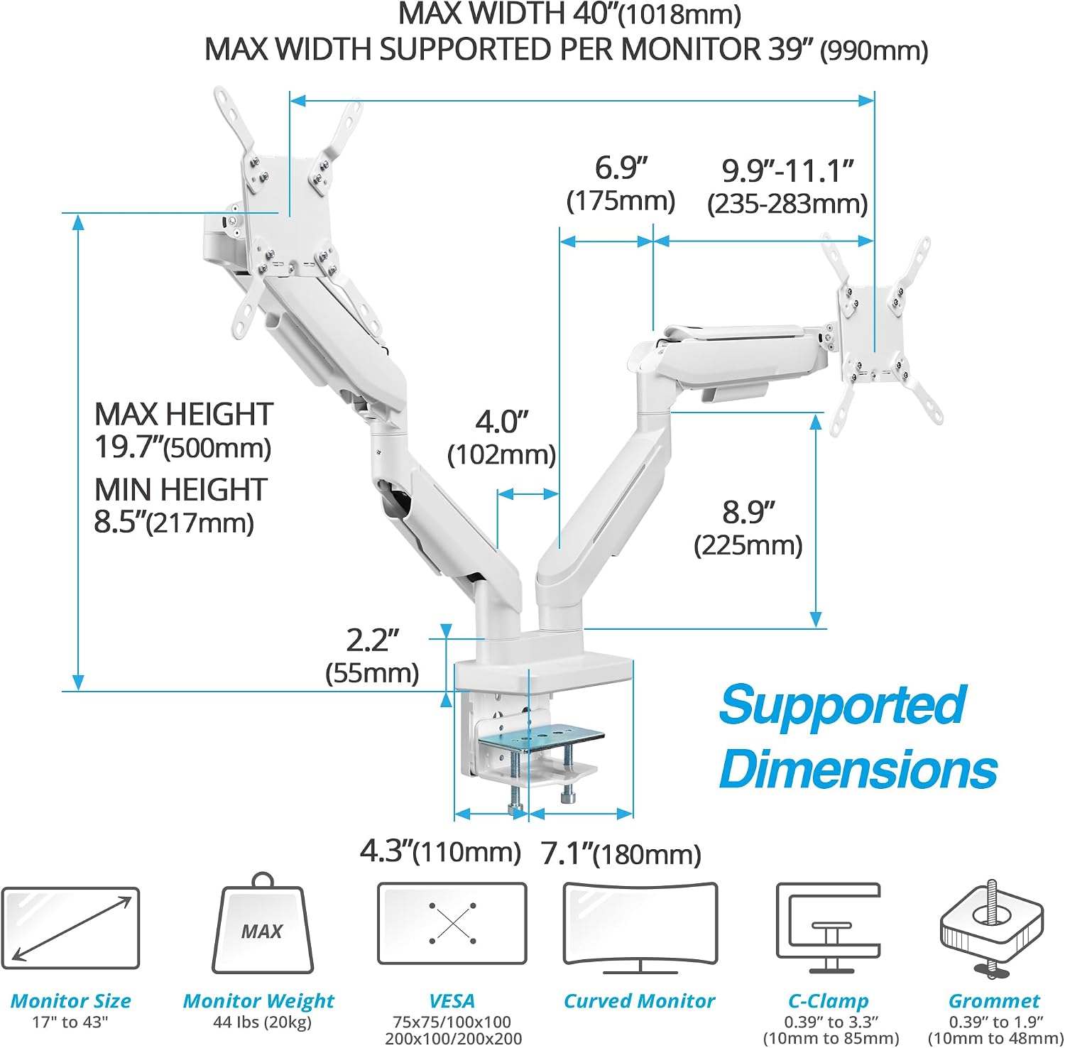 AVLT RGB Lights Dual 17'-43' Gaming Monitor Arm Desk Mount, Fits Two Flat/Curved/Ultrawide Screen up to 44lbs(20kg), Height Swivel Tilt Adjustable Stand – White