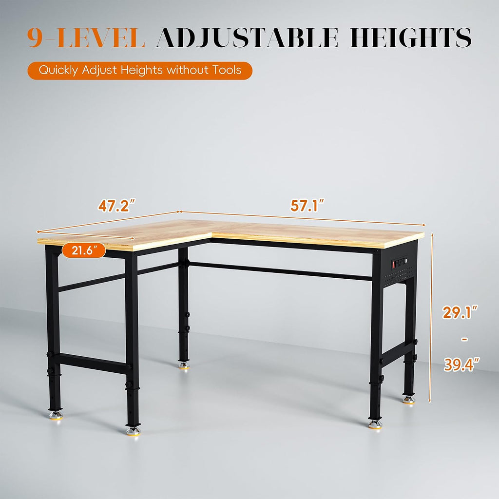 Betterhood Adjustable L-Shaped Workbench, Rubber Wood Top Heavy Duty Workstation with Power Outlets, 2000 LBS Load Capacity Hardwood Worktable for Workshop, Garage, Office, Home, Commercial