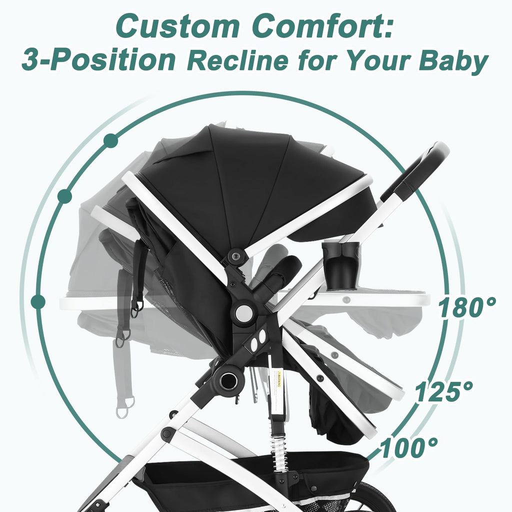 EROMMY 6-in-1 Baby Stroller with Bassinet, Convertible Infant Stroller with Adjustable Backrest & Canopy, Foldable Pushchair with Reversible Seat and Cover for Newborn 0-36 Months (Black)
