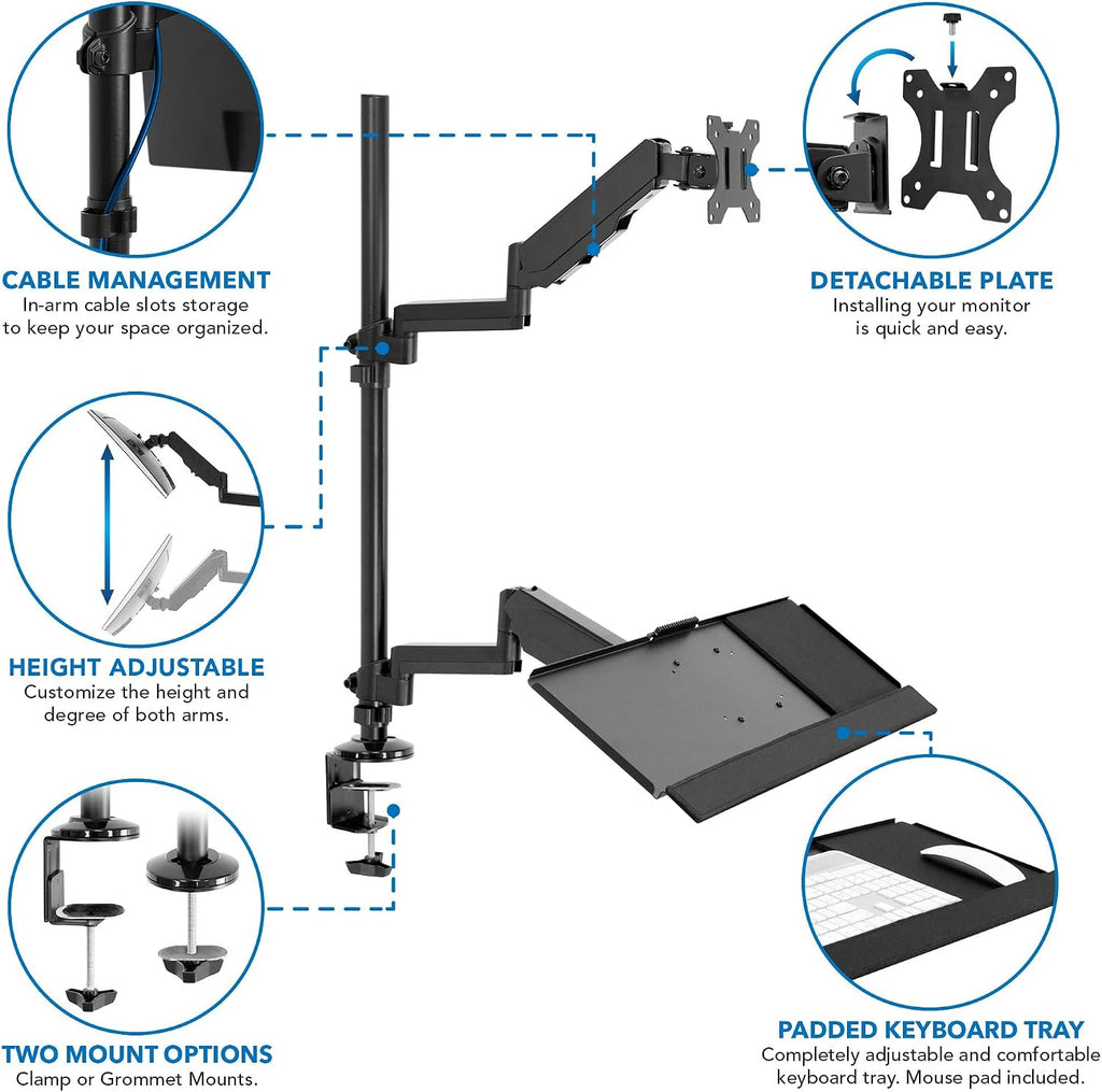Mount-It! Sit-Stand Monitor Arm Desk Mount with Keyboard Tray, Single Monitor Fits Up to 32', Height Adjustable Gas Spring, Full Motion Articulating Arm, Clamp or Grommet, Black