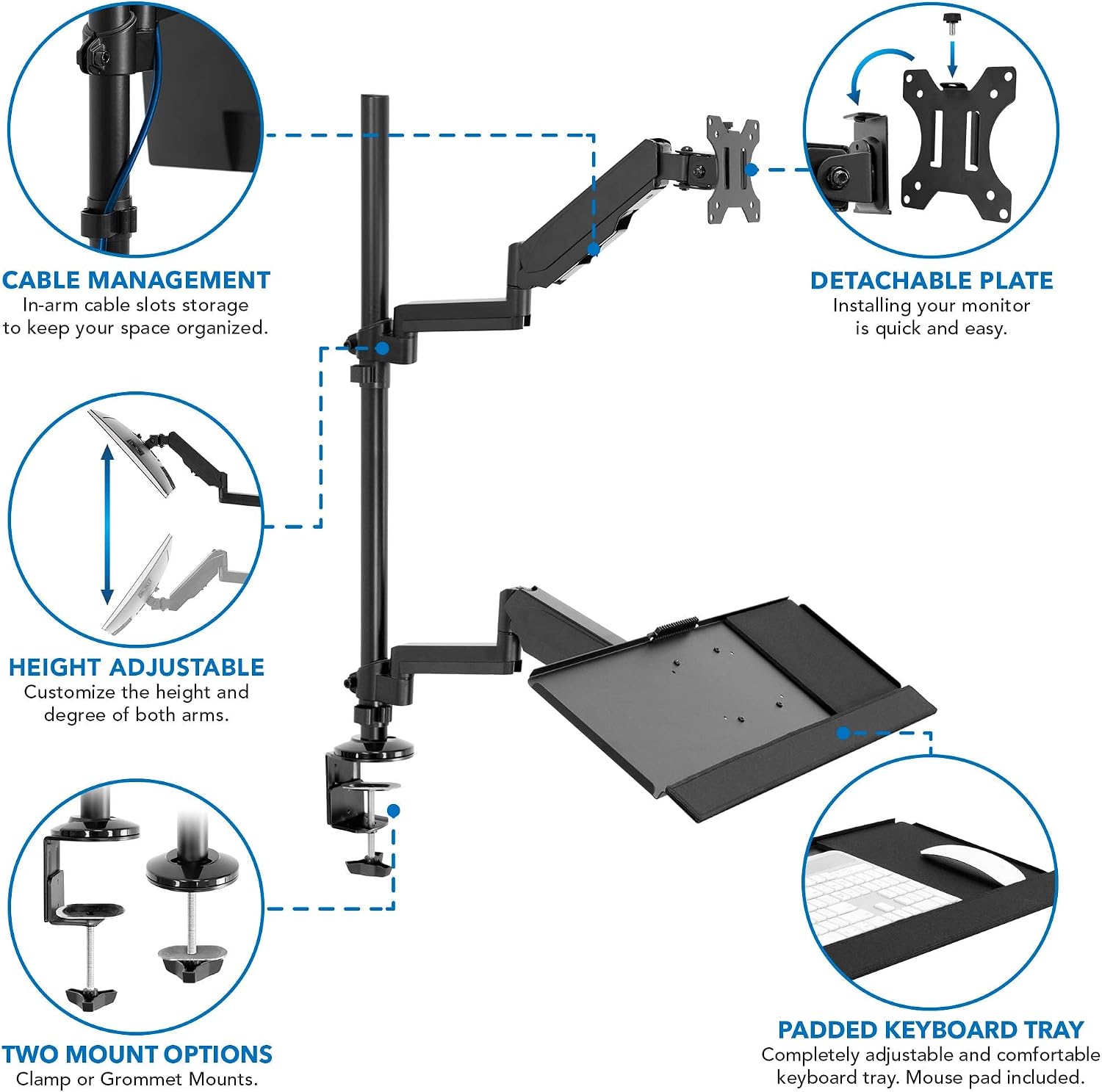 Mount-It! Sit-Stand Monitor Arm Desk Mount with Keyboard Tray, Single Monitor Fits Up to 32', Height Adjustable Gas Spring, Full Motion Articulating Arm, Clamp or Grommet, Black