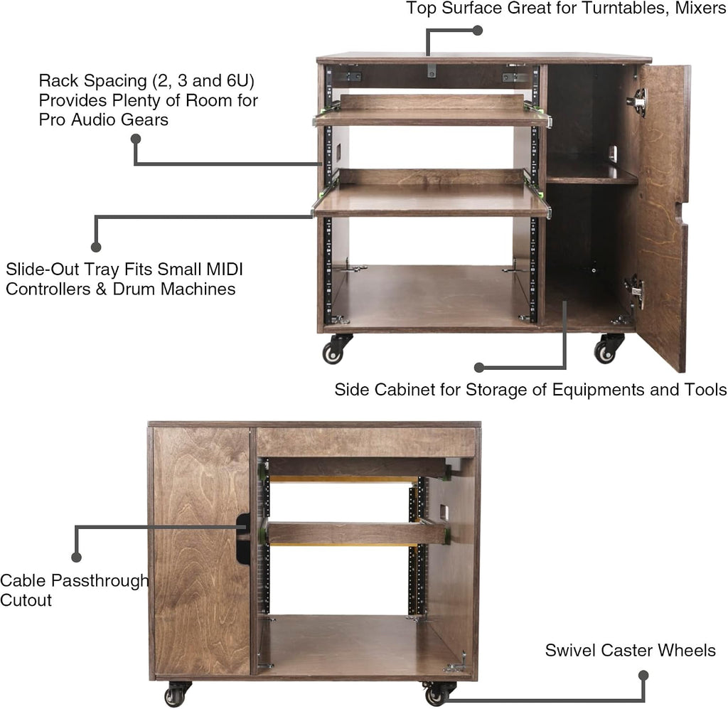 Sound Town DIY 11U Solid Baltic Birch Plywood Plywood Studio Rack with Slide-Out Trays, Cabinet, Casters, Weathered Brown, for Recording Room, Home Studio (SDRK-CR11B)