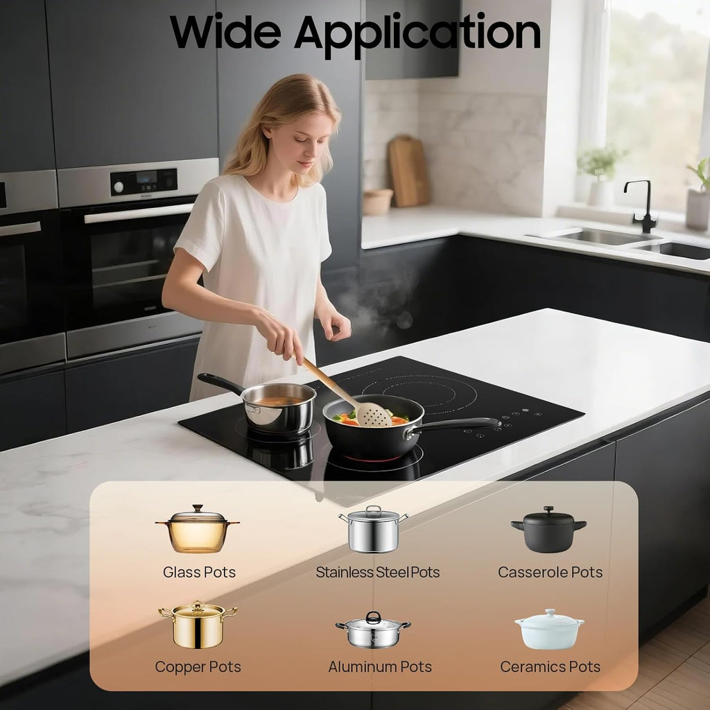 3 Burners Electric Cooktop 24 Inch Countertop & Built-in Electric Stove Top 110V 2600W Ceramic Cooktop Portable with Child Safety Lock & LCD Control Panel, 9 Heating Level (No Plug)