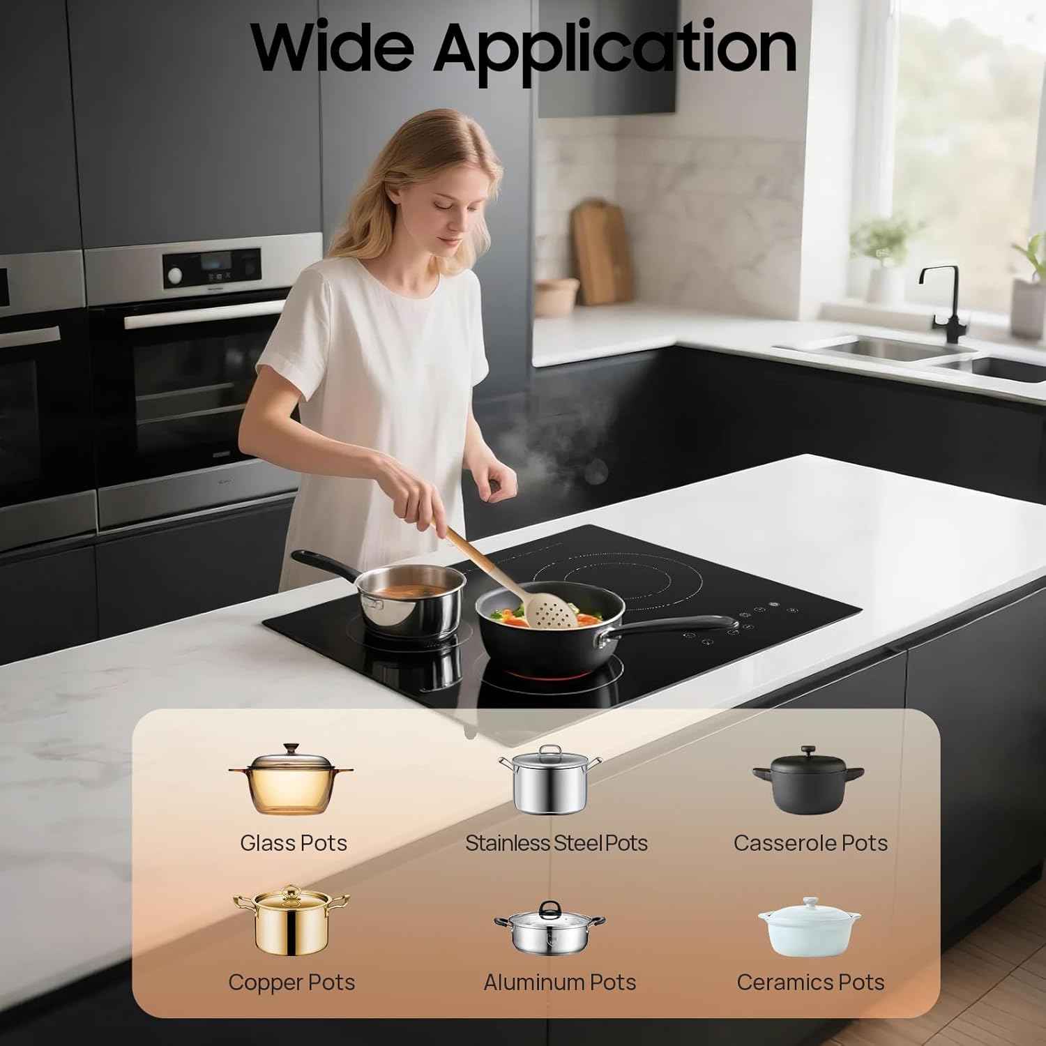 23 Inch Electric Cooktop 3 Burner Ceramic Cooktop - 9 Heating Levels, Supports Desktop and Embedded Usage, Multiple Safety Protection,110V 2600W Touch-adjustable Control (Black)