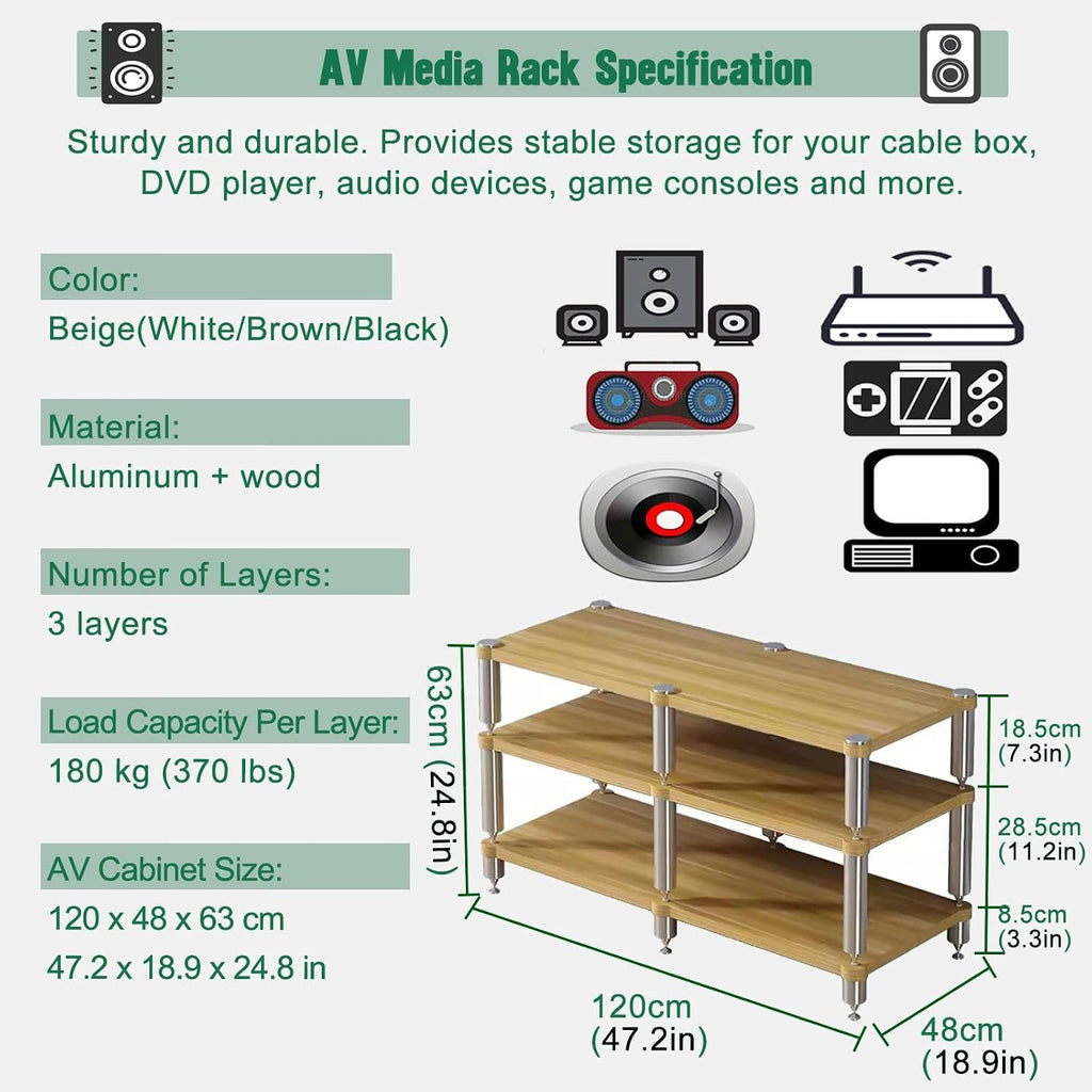 Home Theater AV Display Rack Heavy Duty, Audio Component Cabinet/Media Stereo Stand Equipment Shelf, 2 3 4 Tier Wooden Audio Equipment Organizer Shelf(White,120x48x63cm)