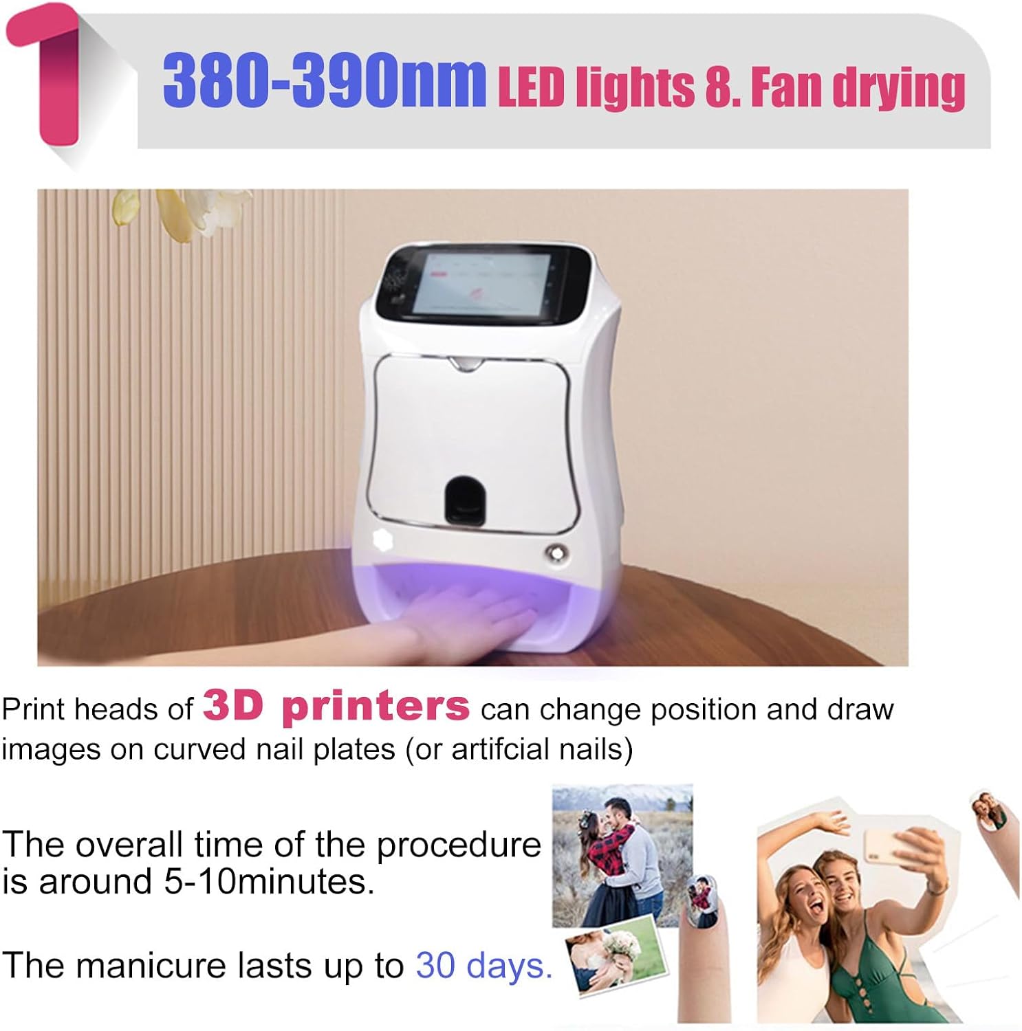 3D Digital Nail Printer,Digital Mobile Nail Art Printer with Touch Screen Display for Girls' Home Nails,Weddings,Nail Art Studio,White