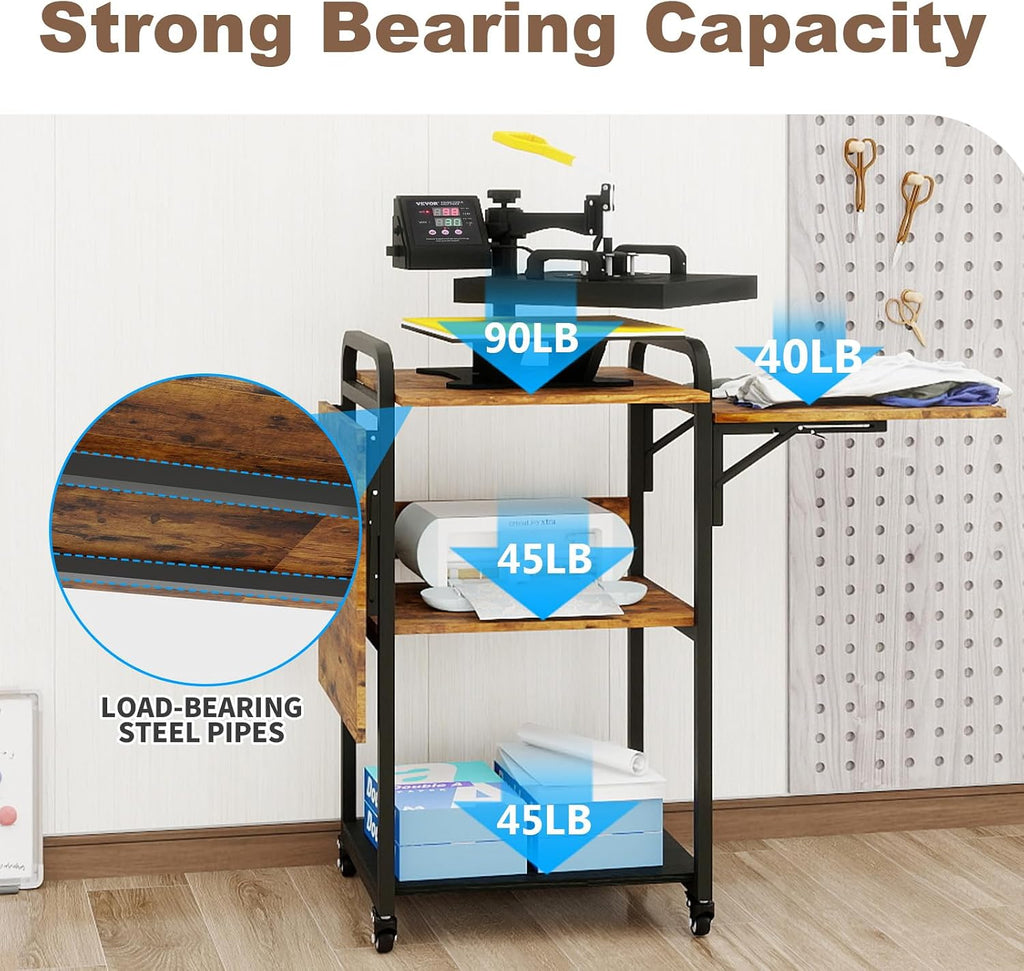 PUNCIA 3 Tier Movable Heat Press Table Foldable Heat Transfer Machine Stand Heavy Duty Rolling Workbench with Folding Table for DIY Sublimation Transfer Machine Metal Shelf Storage Organization