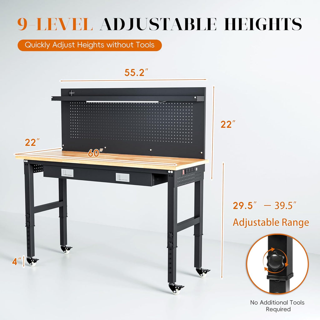 Betterhood 60' Heavy Duty Adjustable Workbench with Large Pegboard & LED Light, Adjustable Work Table with Power Outlets & Lockable Wheels, Rubber Wood Workstation for Garage, Workshop, Office, Home