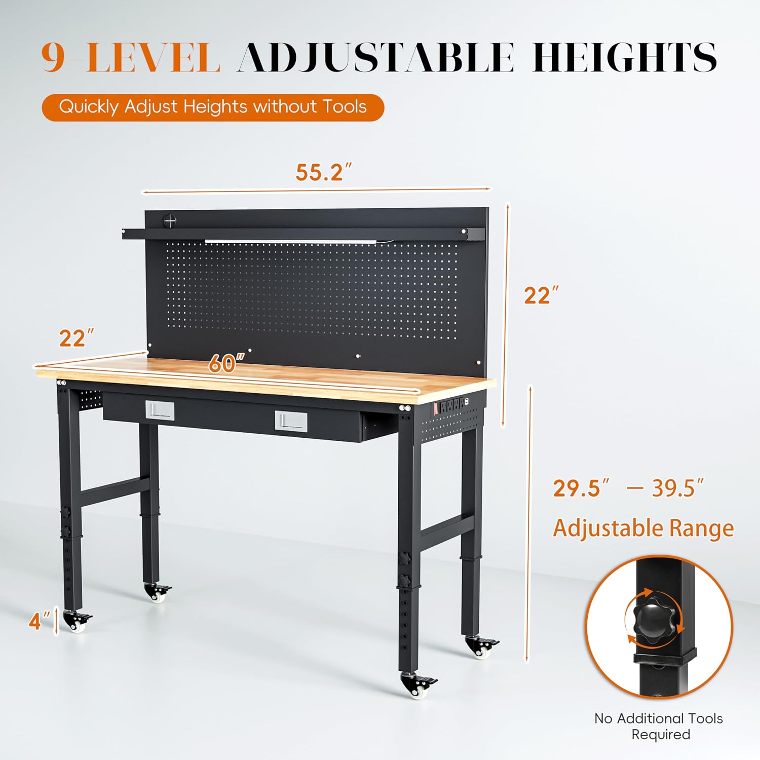 Betterhood 60' Heavy Duty Adjustable Workbench with Large Pegboard & LED Light, Adjustable Work Table with Power Outlets & Lockable Wheels, Rubber Wood Workstation for Garage, Workshop, Office, Home