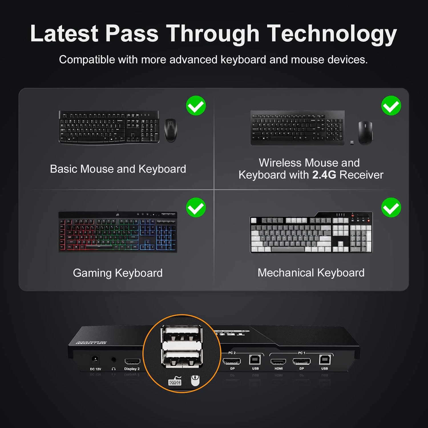 DisplayPort and HDMI KVM Switch 2 Monitors 2 Computers, TESmart 4 Port Dual Monitor KVM Switcher, 4K@60Hz, L/R Out, Keyboard Mouse PC Selector Box with All Input Cables (Black