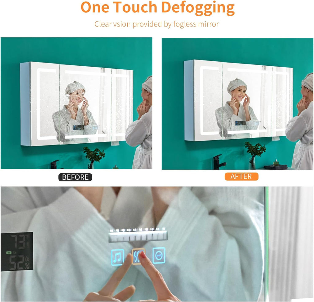 FCH LED Medicine Cabinet with Smart Mirror, 48' Wide Bathroom Medicine Cabinet with Bluetooth& Speaker, Clock, Room Temp Display, Defog, Stepless Dimming, 3-Color Temper Change, Outlets & USBs