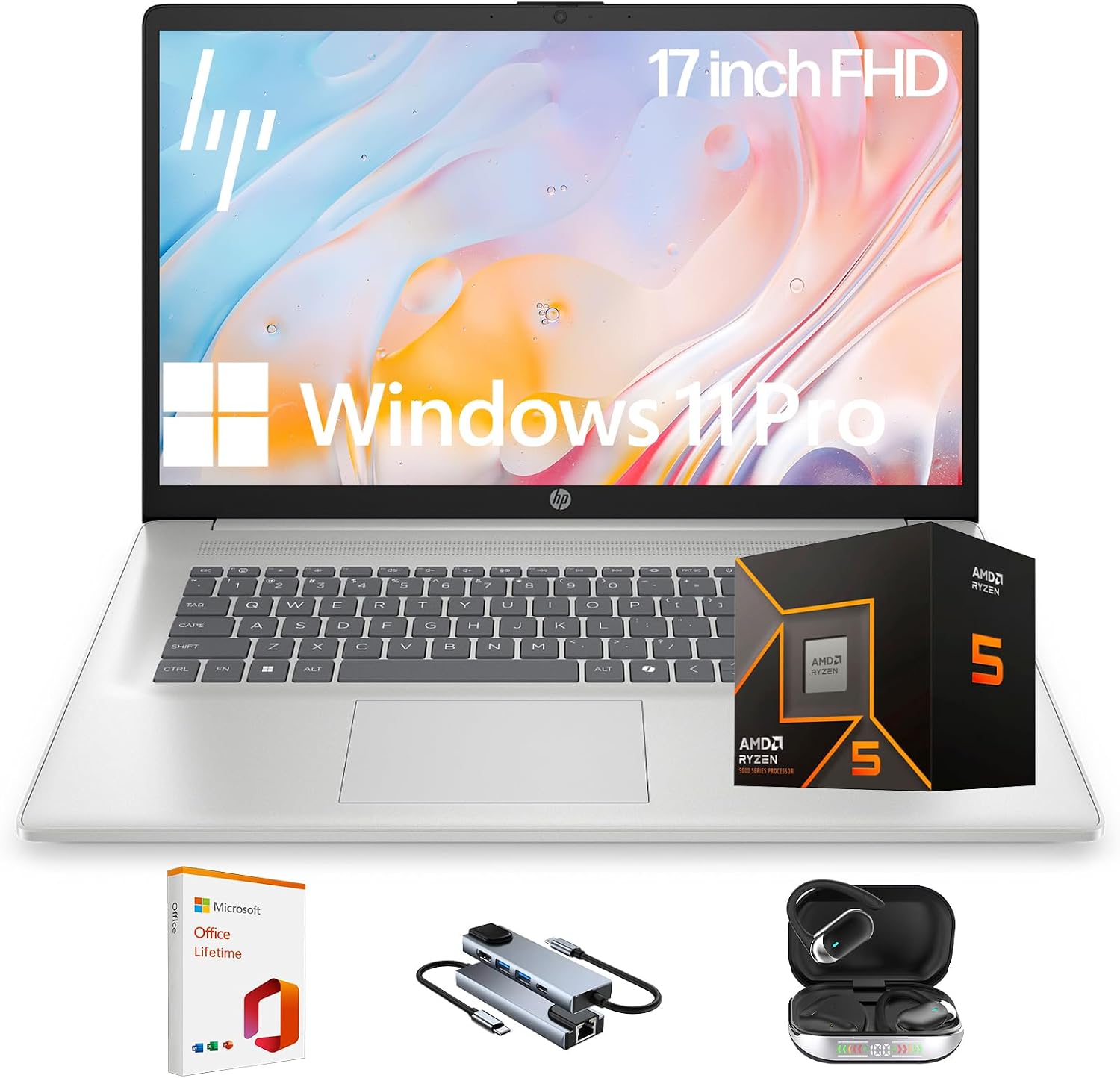 HP Laptop for Business and Student, 17.3' FHD IPS Display, 6-cores AMD Ryzen 5 5500U (Up to 4.0GHz), 16GB RAM, 512GB PCIe SSD, Webcam, FP Reader, Keypad, BT, HDMI, USB-C, PDG HDMI Cable, Win 11 Pro