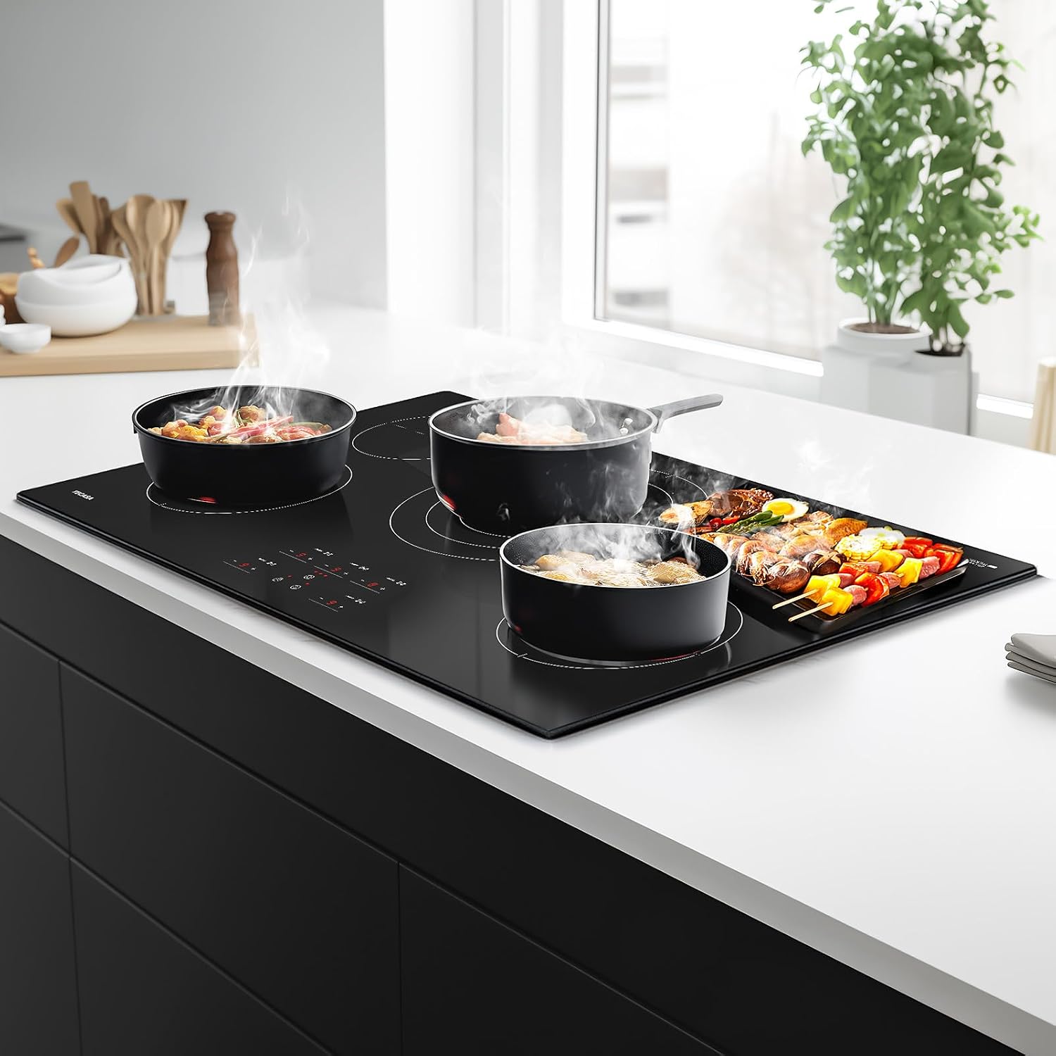 36 Inch Electric Cooktop, TECASA 9000W Radiant Electric Hob with 5 Burners, 240V Built-in Sensor Touch Control Stove Top with Child Safety Lock & Timer, 9 Heating Levels, Hard Wire (No Plug)