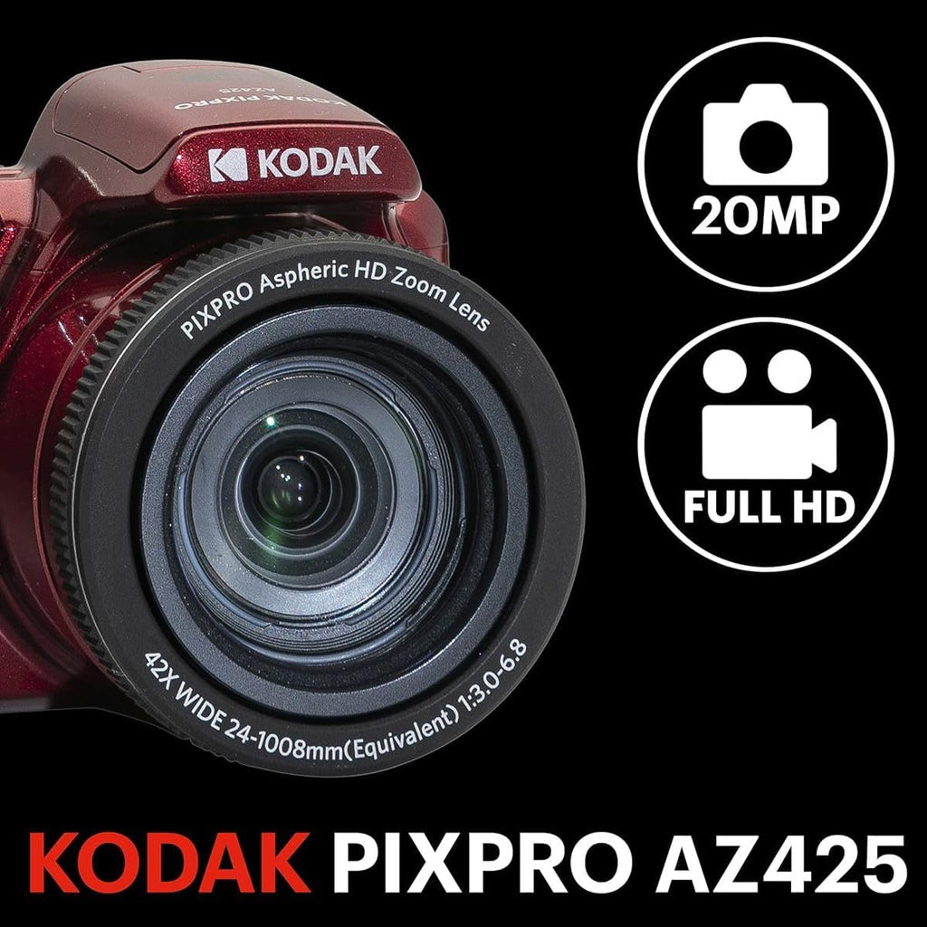 Kodak PIXPRO AZ425 Astro Zoom 20MP Full HD Digital Camera, Red, Bundle with 32GB Memory Card and Bag