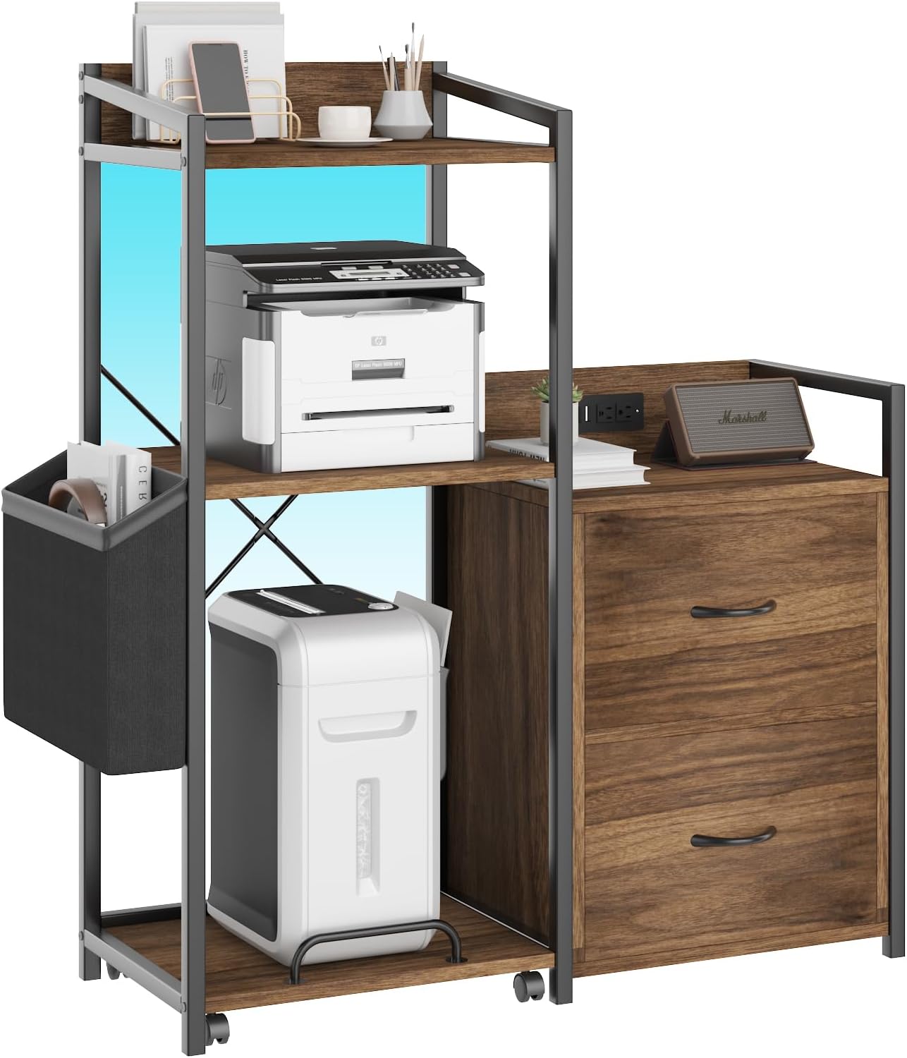 Tall Printer Stand with Storage Shelf and Bag,Filing cabinet,Lateral Office Filing Cabinets with Power Outlets & USB Charging Port, Shredder Stand w/Wheels,Suitable for 3D Shredder Scanner Fax
