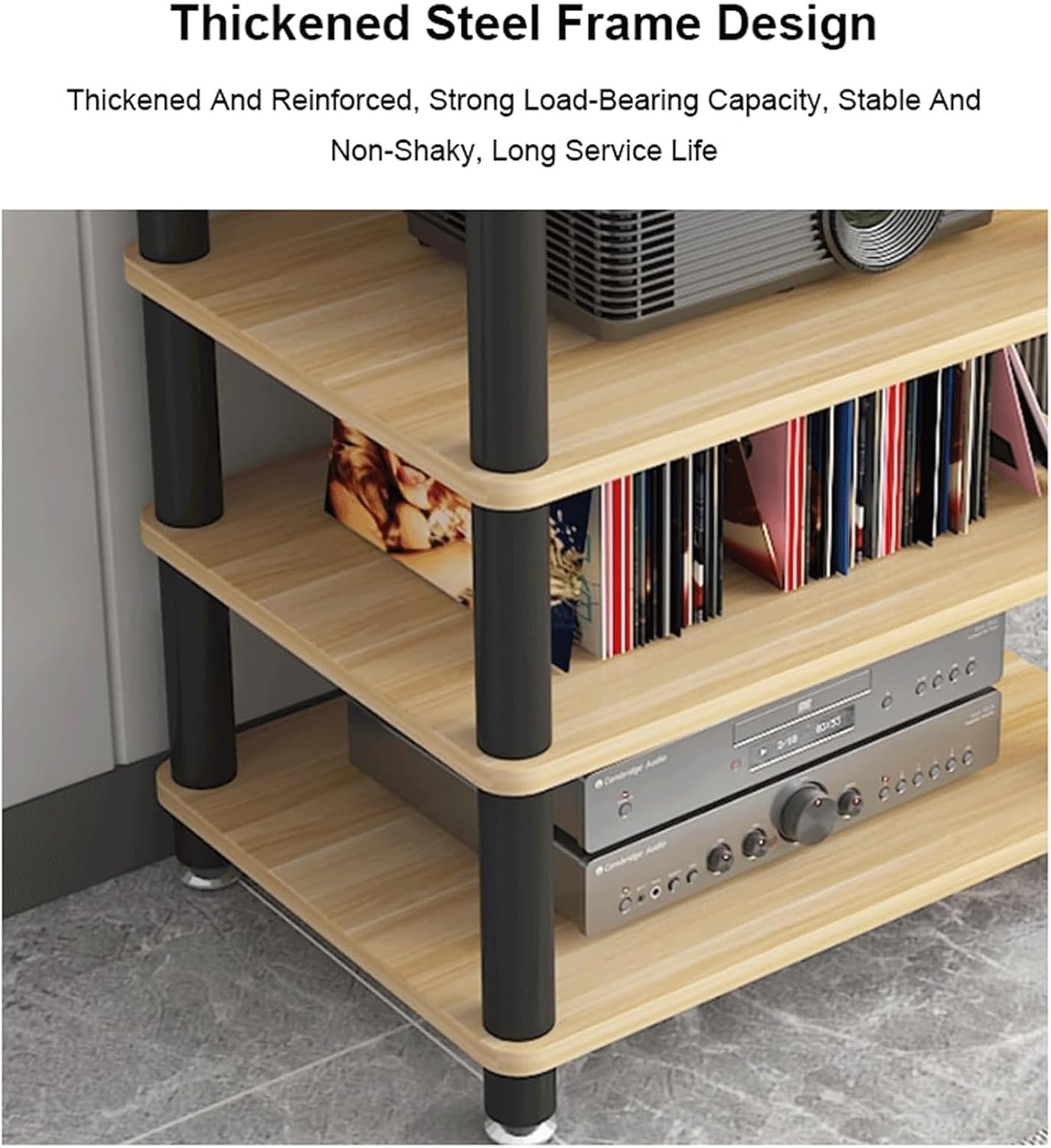 Audio Rack Wooden Stereo Rack Audio Equipment Rack Audio Open Rack Cabinet HiFi Rack Audio-Video Shelving Shock-Absorbing Feet(Nero,2 Tier)