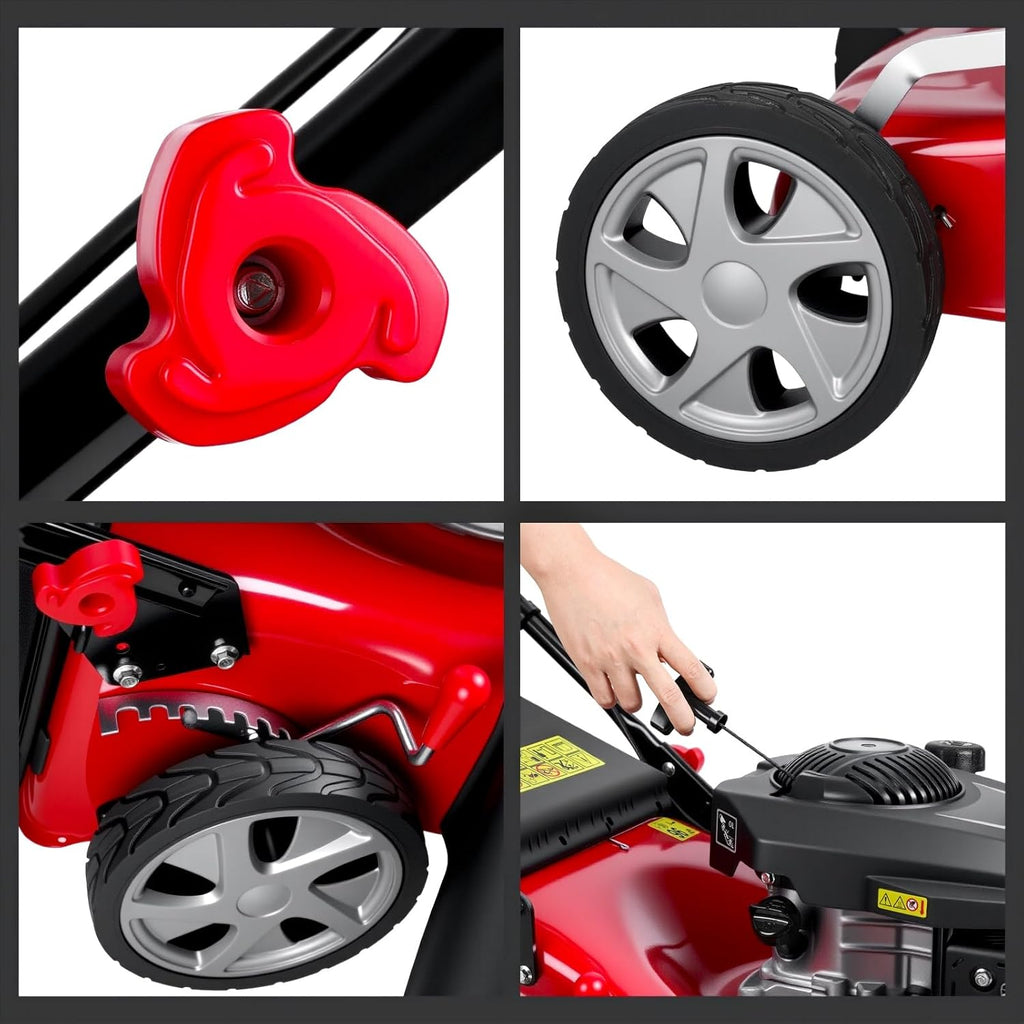18-Inch 3-in-1 Self Propelled Gas Lawn Mower - 131cc Engine with 50L Grass Bag & Big Wheels for Yard Lawn Care and Landscaping Red
