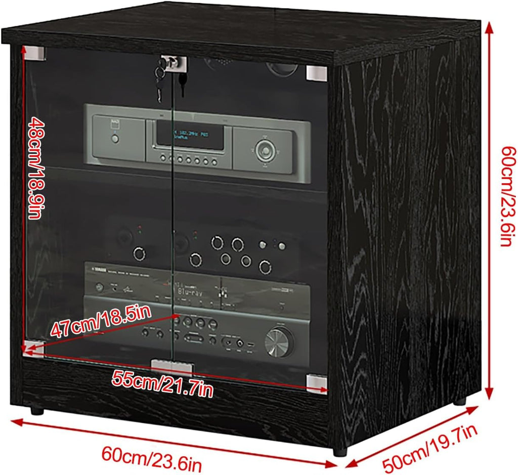 Media Cabinet AV Media Stand Stereo Cabinet with Adjustable Shelves Tempered Glass Doors and Cable Management, for Entertainment Stereo Racks Component(Black,60cm/23.6in)