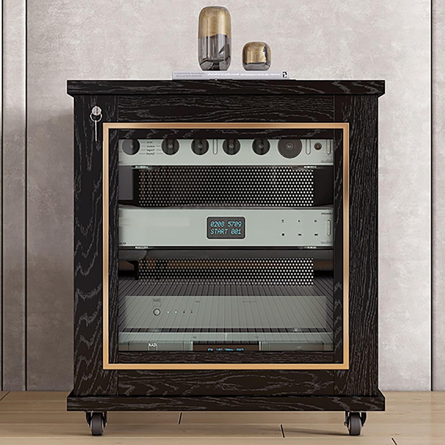 Stereo Cabinet, Stereo Racks And Stands With Storage Shelves, AV Component Media Stand, Wooden Storage Cabinet Entertainment Center Shelves Component, With Wheels Audio-Video Media Stand(Black+Gold,H6