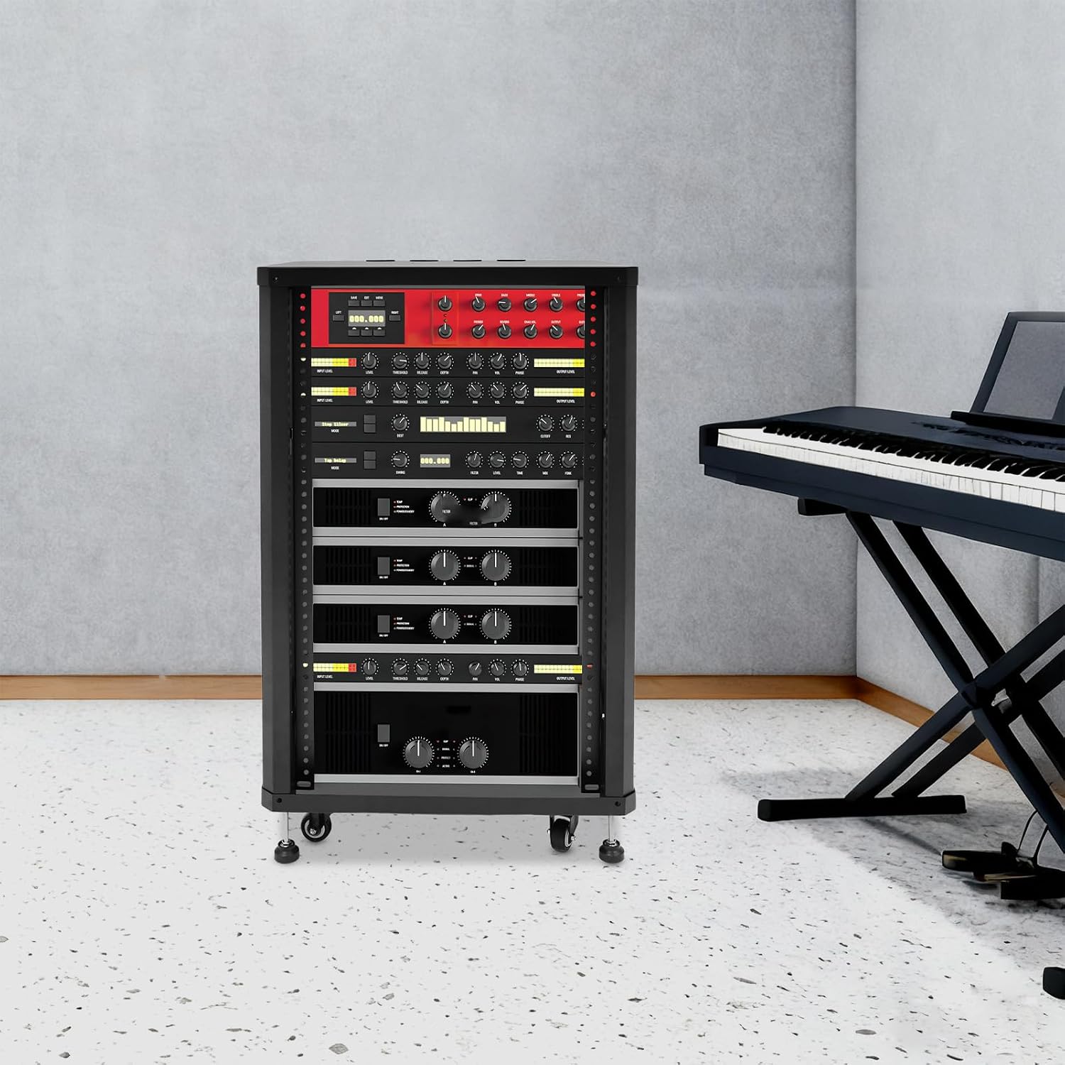 18U Server Rack with Wheels&Leveling Feet,Freestanding Rolling Open Frame IT Network Server Cabinet Rack Shelf for Audio Video Music Recording Computer AV Data & IT Equipment,Up to 300 Lbs Load,Black