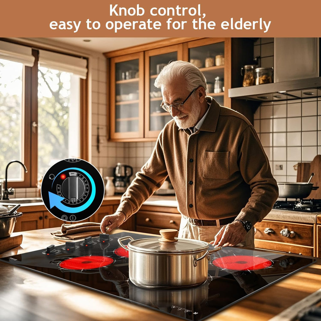 Karinear 4 Burner Electric Cooktop 30 Inch, Knob Control Built-in Electric Stove Top, 30' Radiant Ceramic Cooktop, 9 Power Level, Hot Warning, Expandable Burner, 220V 6700W, No Plug
