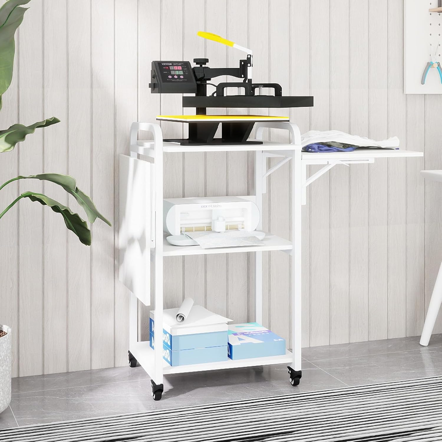 PUNCIA 3 Tier Movable Heat Press Table Foldable Heat Transfer Machine Stand Heavy Duty Rolling Workbench with Folding Table for DIY Sublimation Transfer Machine Metal Shelf Storage Organization