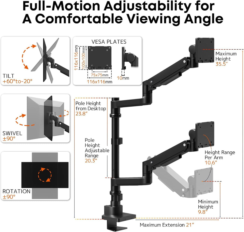 Dual Monitor-Arm Heavy-Duty for 17-57-Inch Screens - 23.8'' Tall Vertical Dual Monitor Mount, Fully Adjustable Stacked Double Monitor Desk Mount Stand, Max Load 44 lbs/Screen, VESA 75/100 mm, Black