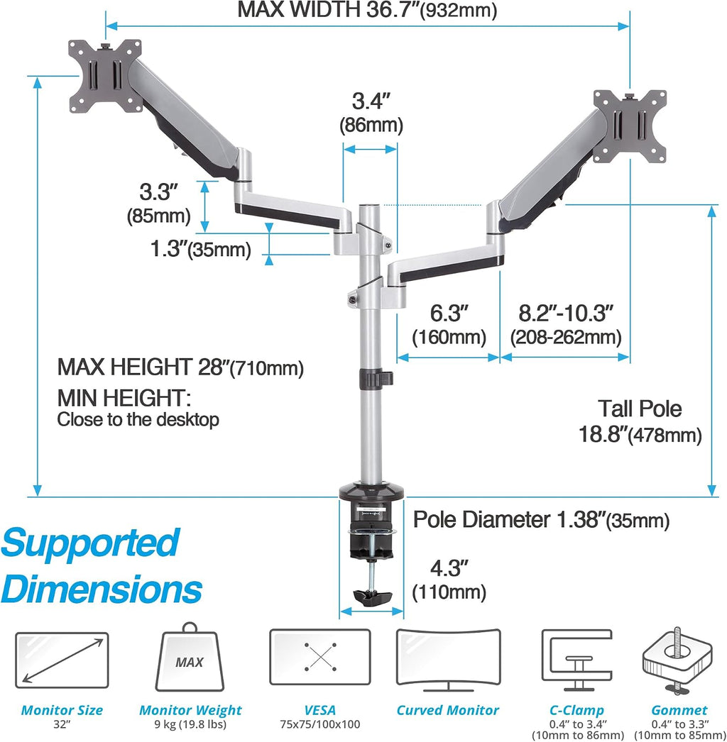 AVLT Dual 17'-32' Stacked Monitor Arm Desk Mount for 2 Flat or Curved Screens, Full Motion Height Adjustable with Swivel, Tilt, Rotation, Extra Tall, VESA, C-Clamp or Grommet Base