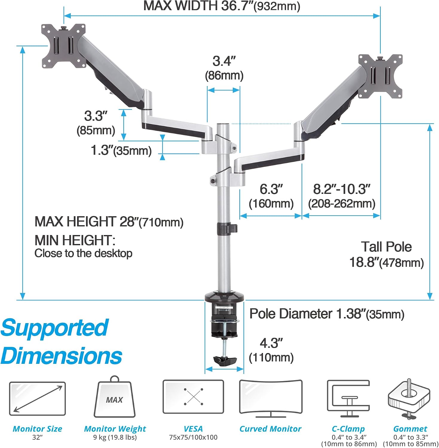 AVLT Dual 17'-32' Stacked Monitor Arm Desk Mount for 2 Flat or Curved Screens, Full Motion Height Adjustable with Swivel, Tilt, Rotation, Extra Tall, VESA, C-Clamp or Grommet Base