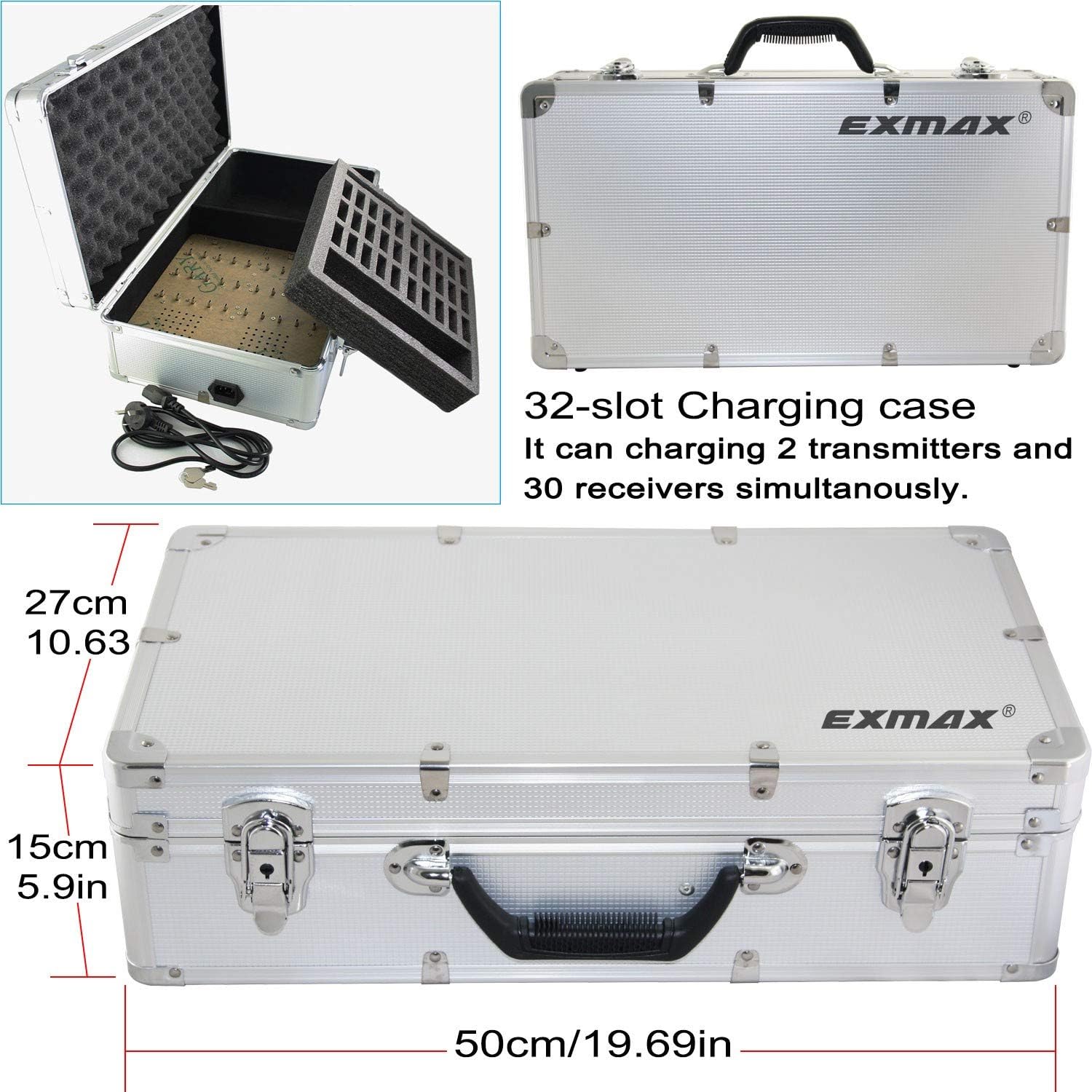 EXMAX Wireless Audio Voice Transmission System ATG-100T 195MHz Interpretation Devices for Tour Guide Teacher Presenter Interpreter(2 Transmitters & 25 Receivers + Aluminium Alloy Charge Case)