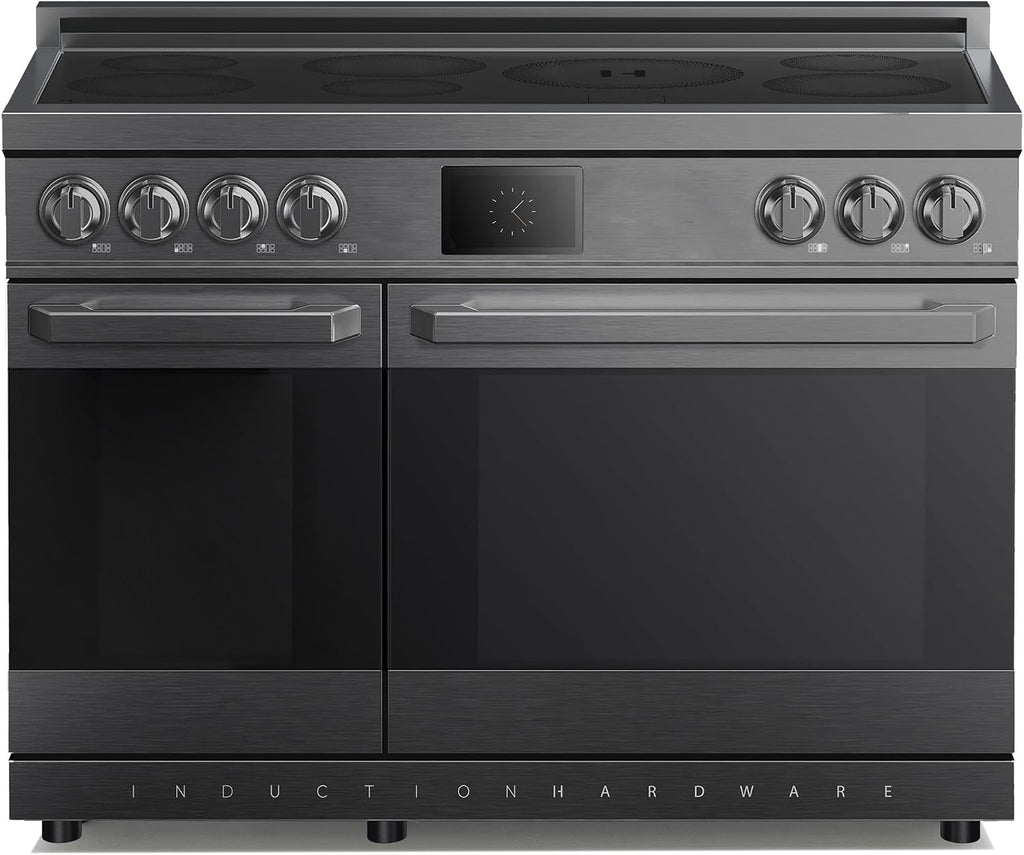 48 Inch Professional Induction Range with Double Convection Ovens, Air Fry, 7 Burner Electric Stove, Pizza Stone - Black Stainless Steel