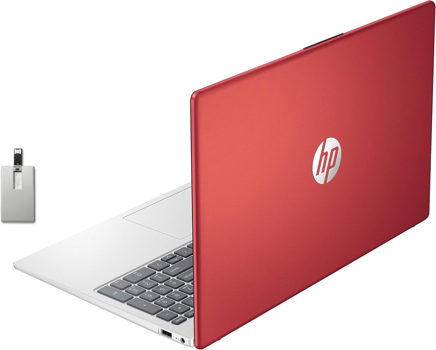 HP 15.6' HD Anti-Glare Everyday Laptop, Intel N200 Pentium Processor, 16GB DDR4 RAM, 128GB PCIe SSD, 1 Year Office 365, Intel UHD Graphics, Wi-Fi 6, Windows 11, Scarlet Red, 32GB Hotface USB Card
