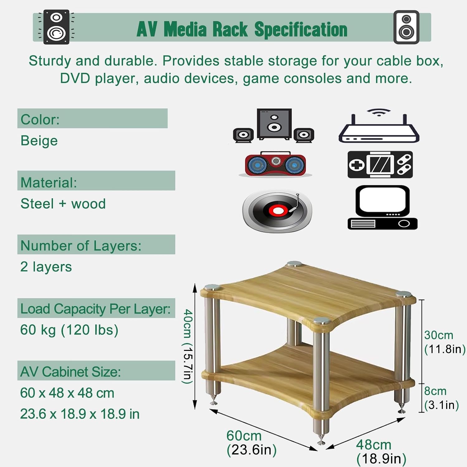 Small Space Media Stereo Shelf, 1 2 3 4 Tier Audio Racks Equipment Cabinets, Entertainment Stereo Components for Kitchen Living Room Bedroom(Beige,60x48x40cm)