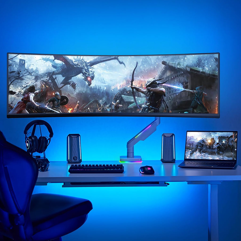 AVLT RGB Lights Single 17'-49' Gaming Monitor Arm Desk Mount, Fits One Flat/Curved/Ultrawide Screen up to 44lbs(20kg), Height Swivel Tilt Adjustable Stand - White