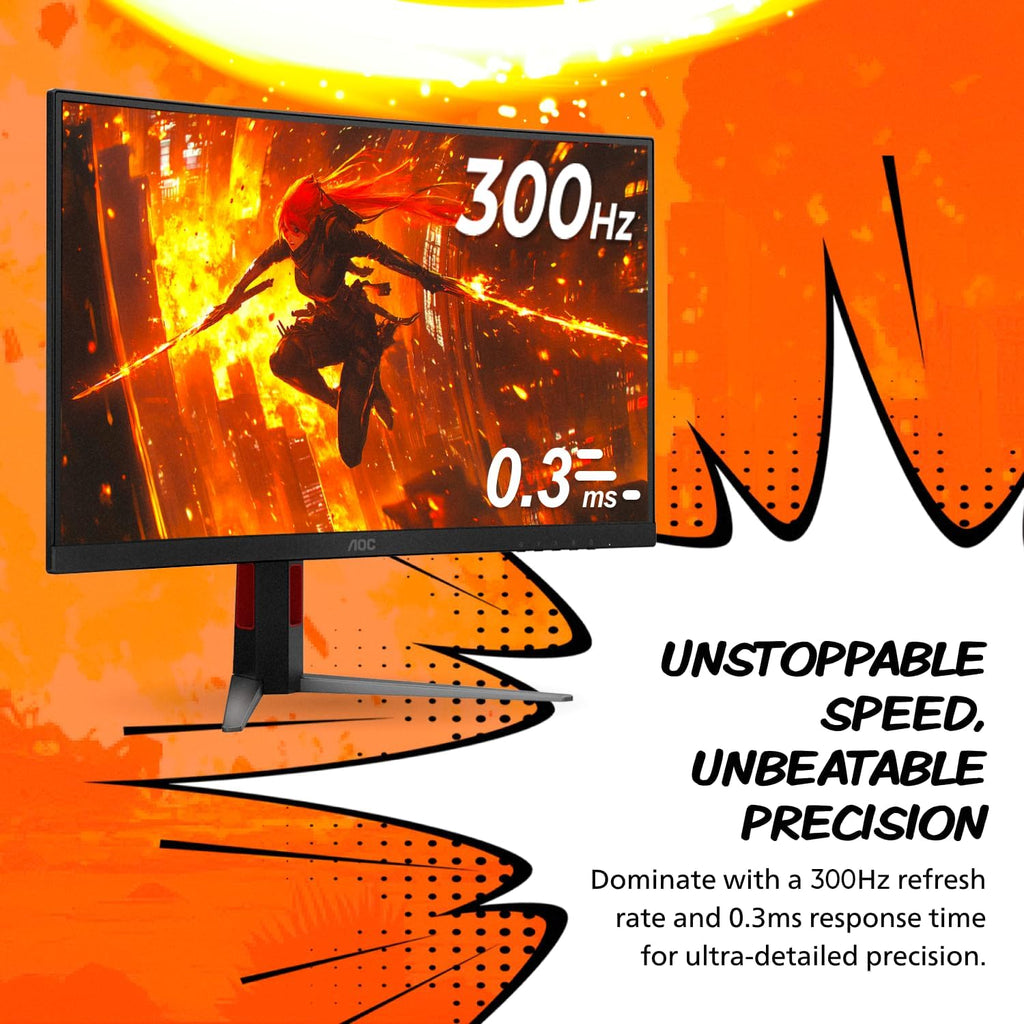 AOC CQ27G4ZH 27' Curved Gaming Monitor, QHD 2K 2560x1440, 1500R VA, 300Hz 0.3ms MPRT, HDMI x2, DP x1, Height Adjustable Stand, HDR, 3-Year Zero-Bright-dot