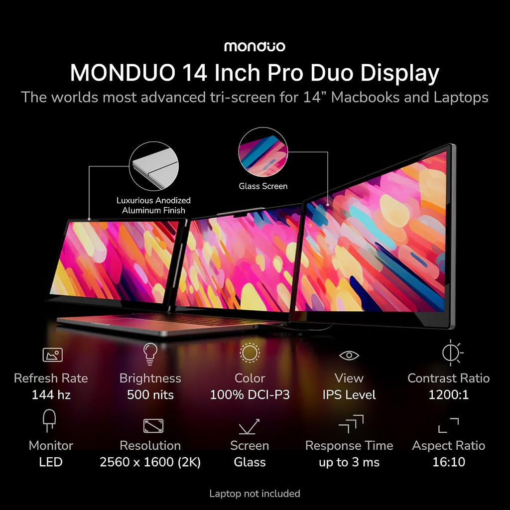 14' Pro Triple Laptop Glass Screen Extender, Dual 14' 2k Portable Monitors, 144Hz, 100% DCI-P3, 500 Nits, Aluminum Finish for 14' MacBook Pro & Windows, for Gaming, Creators, & Professional