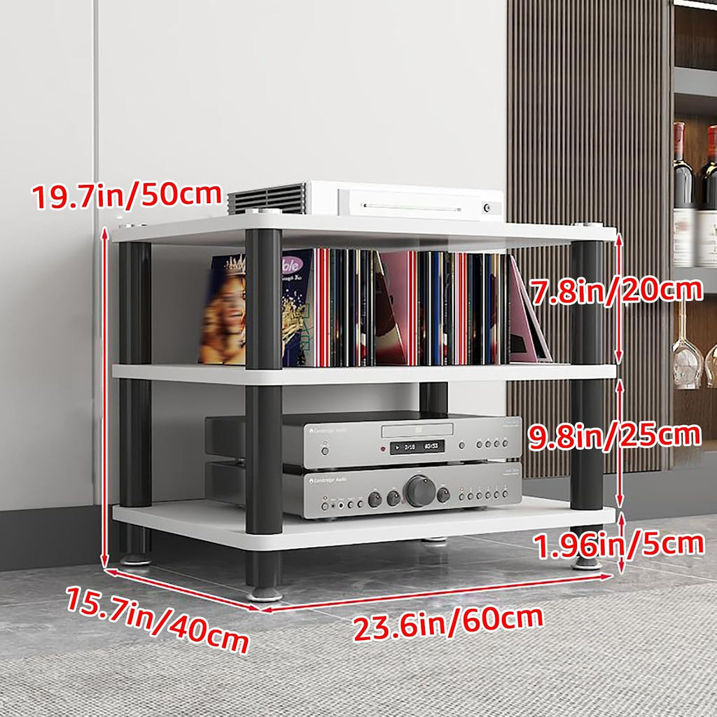 AV Media Stand 1/2/3/4 Tier Record Player DVD CD Audio Rack Tower Holder, Adjustable Media Storage Cabinet, Entertainment Stereo Racks Equipment Console Shelf,Black,3 Tier