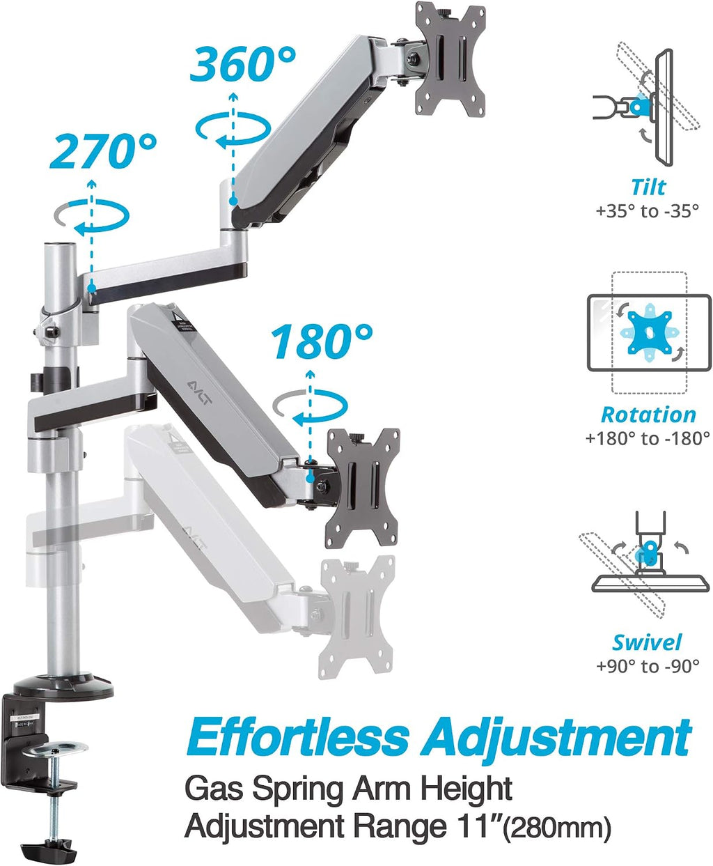 AVLT Dual 17'-32' Stacked Monitor Arm Desk Mount for 2 Flat or Curved Screens, Full Motion Height Adjustable with Swivel, Tilt, Rotation, Extra Tall, VESA, C-Clamp or Grommet Base