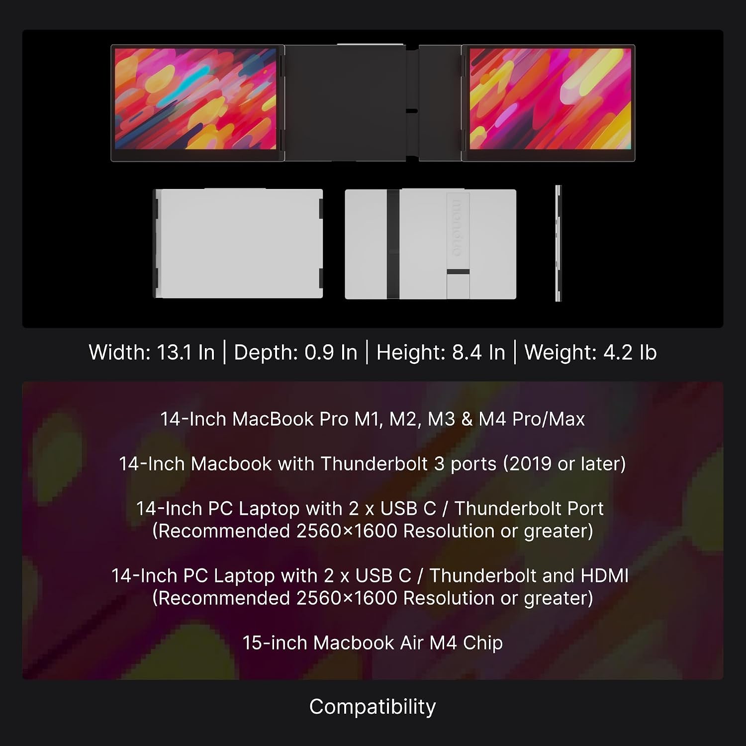 14' Pro Triple Laptop Glass Screen Extender, Dual 14' 2k Portable Monitors, 144Hz, 100% DCI-P3, 500 Nits, Aluminum Finish for 14' MacBook Pro & Windows, for Gaming, Creators, & Professional