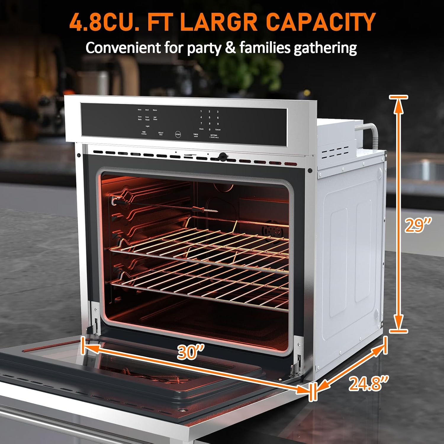 30' Stainless Steel Toaster Oven & 30 Inch Air Fryer Oven Combo: 4.8 Cu.ft Large Capacity with 3D Heating, Digital Touch Panel, and Multi-Function Modes for Countertop or Built-in Installation